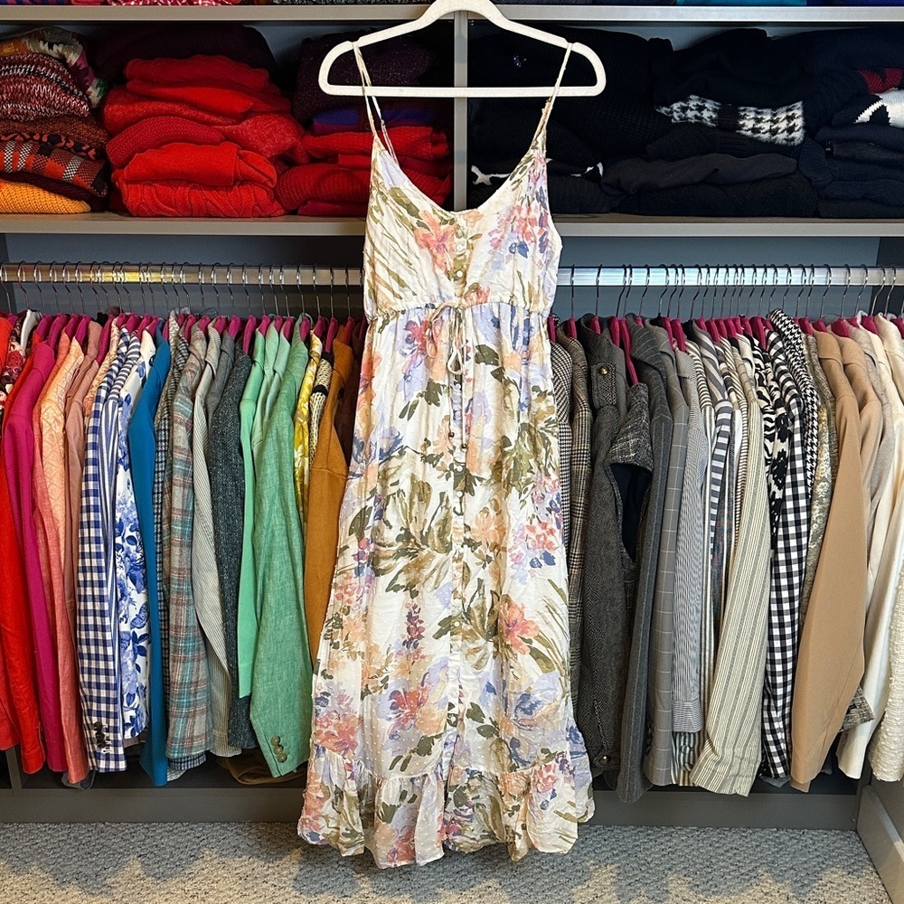 Lovestitch white/pink/blue floral adjustable strap lined maxi dress size S